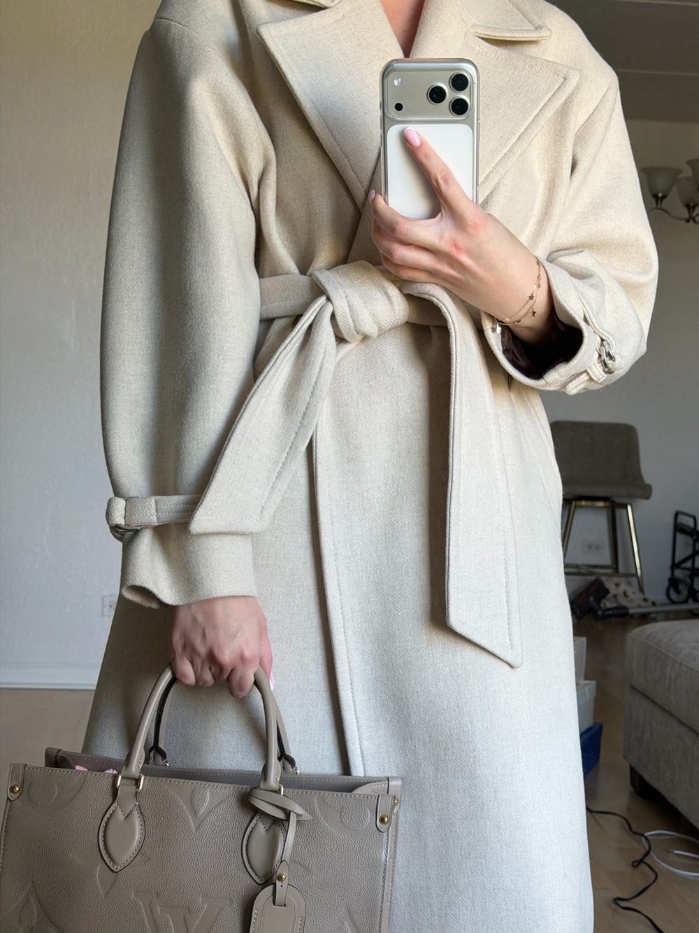 MANGO 100% Wool Belted Coat – Cream Beige – Size M - Picture 8 of 8